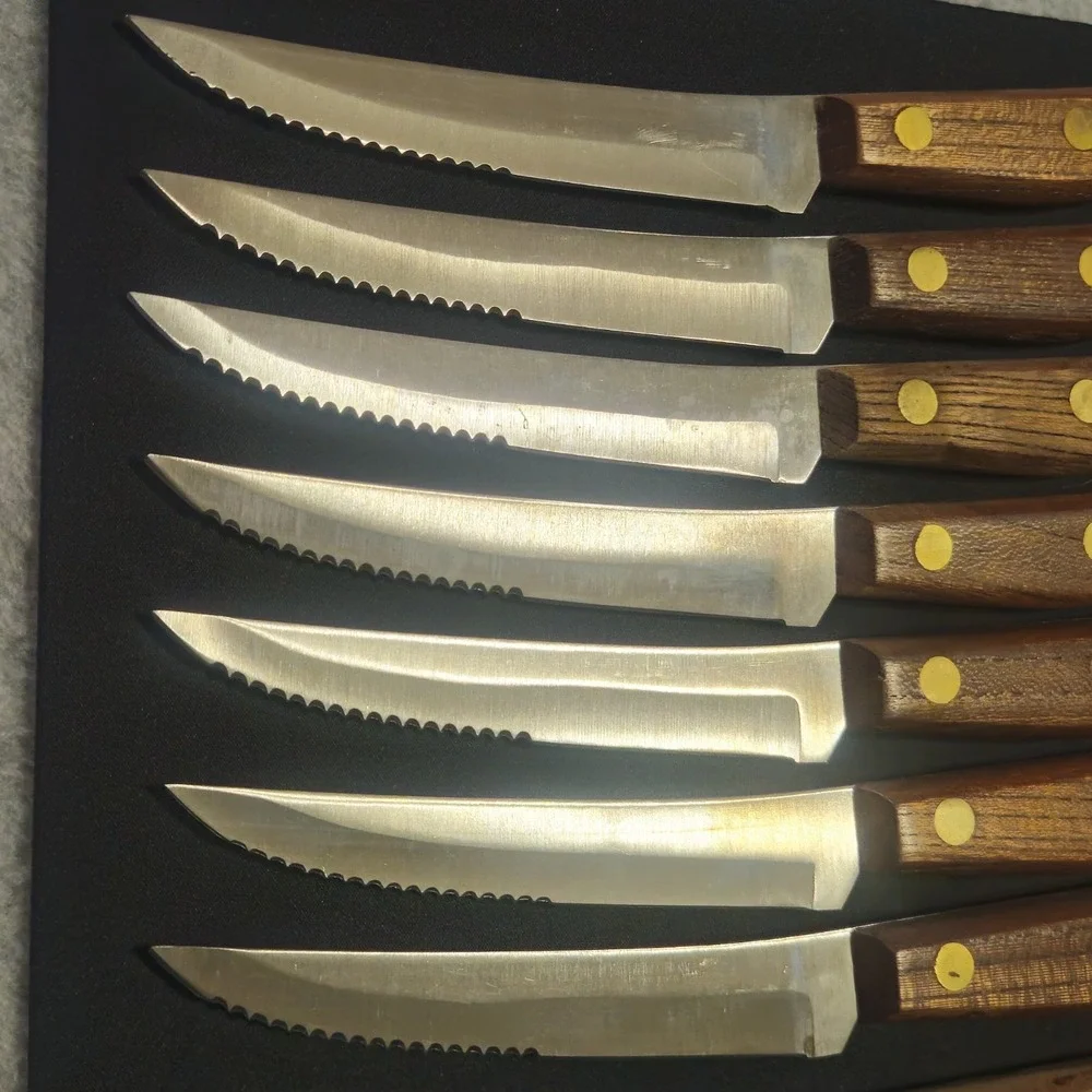 Old Homestead Steak Knife Set 8pc Wood Handles Block Stainless Japan Vintage